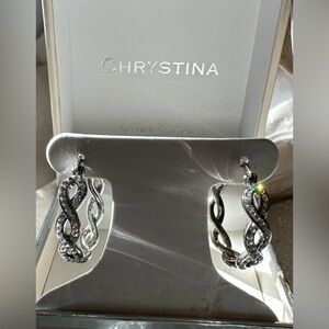 Elegant Silver Twisted Hoop Earrings with Crystal Accents